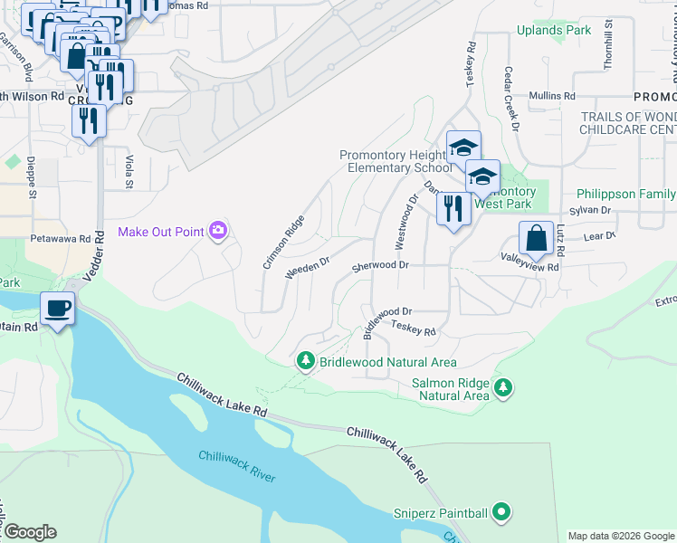 map of restaurants, bars, coffee shops, grocery stores, and more near 46035 Sherwood Drive in Chilliwack