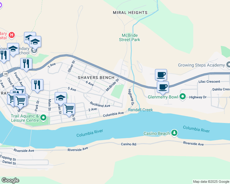 map of restaurants, bars, coffee shops, grocery stores, and more near 2302 6 Avenue in Trail