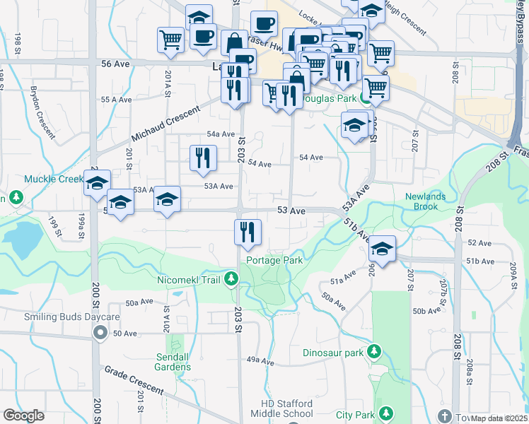 map of restaurants, bars, coffee shops, grocery stores, and more near 20350 53 Avenue in Langley