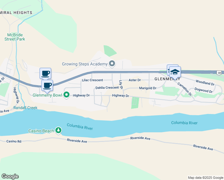 map of restaurants, bars, coffee shops, grocery stores, and more near 3360 Dahlia Crescent in Trail