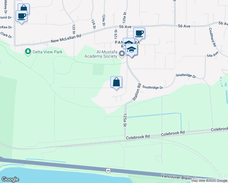 map of restaurants, bars, coffee shops, grocery stores, and more near 12504 53 Avenue in Surrey