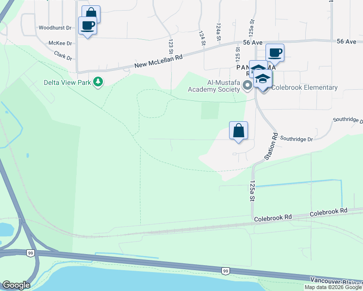 map of restaurants, bars, coffee shops, grocery stores, and more near 12336 53 Avenue in Surrey