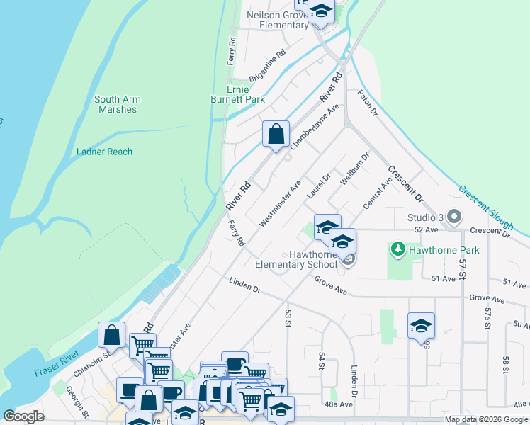 map of restaurants, bars, coffee shops, grocery stores, and more near 5233 Westminster Avenue in Delta