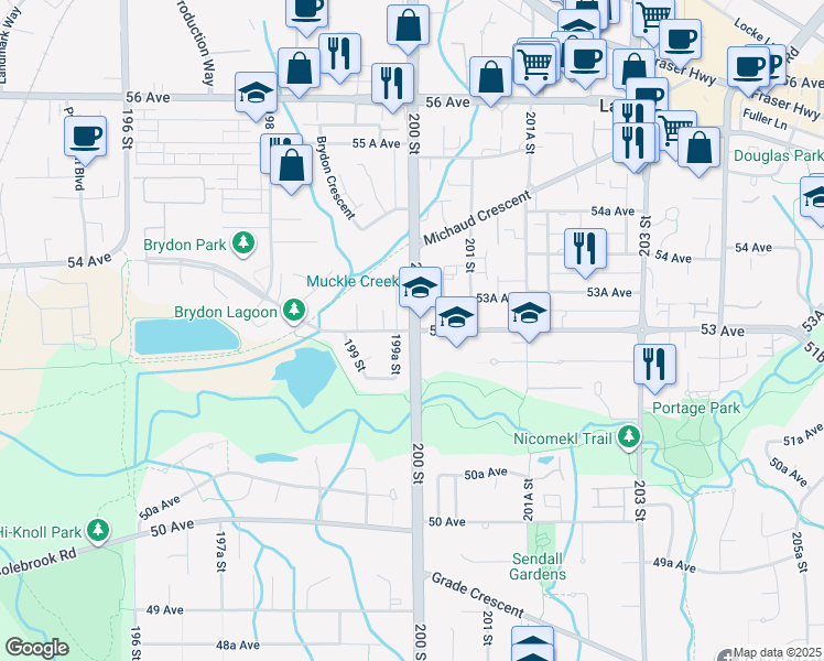 map of restaurants, bars, coffee shops, grocery stores, and more near 200 Street in Langley