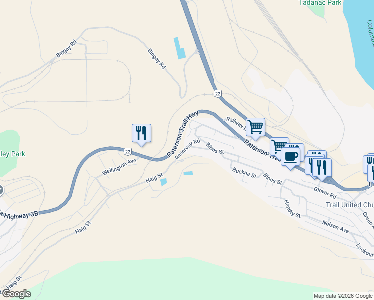 map of restaurants, bars, coffee shops, grocery stores, and more near 158 Reservoir Road in Trail
