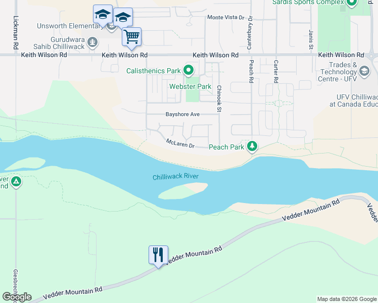 map of restaurants, bars, coffee shops, grocery stores, and more near 44522 McLaren Drive in Chilliwack