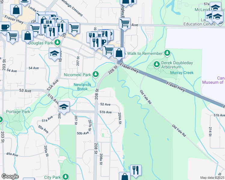 map of restaurants, bars, coffee shops, grocery stores, and more near 5262 209 Street in Langley