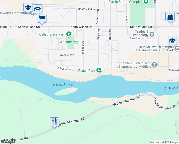 map of restaurants, bars, coffee shops, grocery stores, and more near 44600 McLaren Drive in Chilliwack