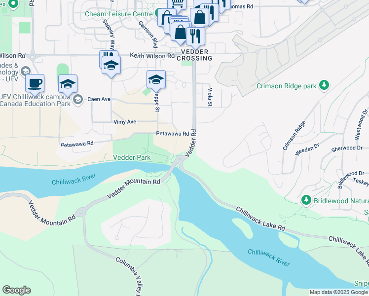 map of restaurants, bars, coffee shops, grocery stores, and more near 45550 Petawawa Road in Chilliwack