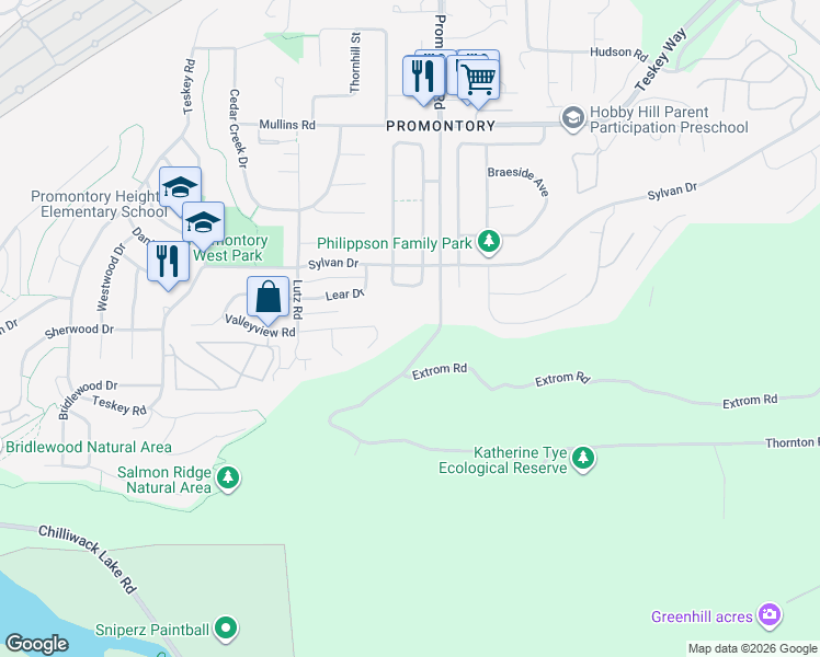 map of restaurants, bars, coffee shops, grocery stores, and more near 5303 Promontory Road in Chilliwack