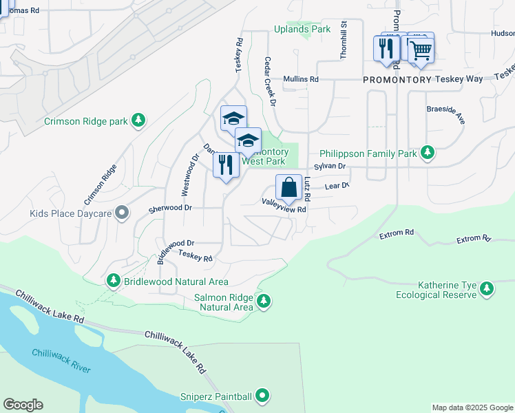 map of restaurants, bars, coffee shops, grocery stores, and more near 46334 Valleyview Road in Chilliwack