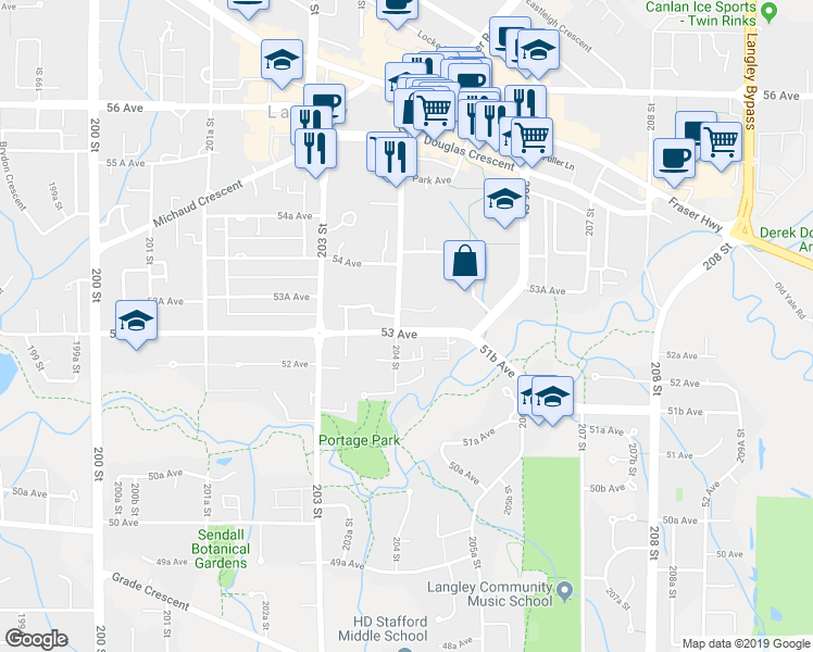map of restaurants, bars, coffee shops, grocery stores, and more near 5294 204 Street in Langley