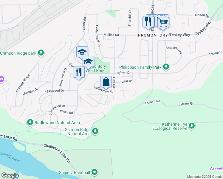 map of restaurants, bars, coffee shops, grocery stores, and more near 5303 Lutz Road in Chilliwack