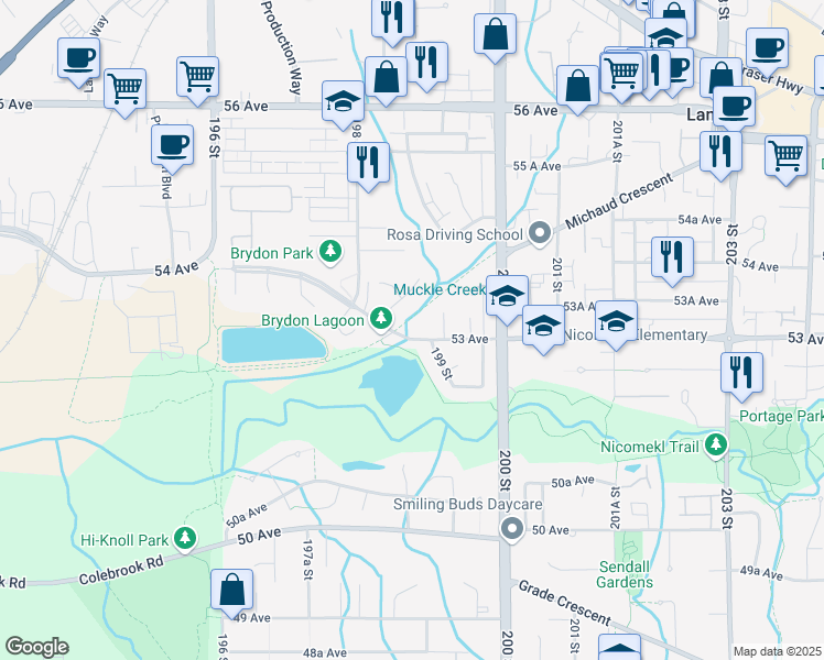 map of restaurants, bars, coffee shops, grocery stores, and more near 19877 53 Avenue in Langley