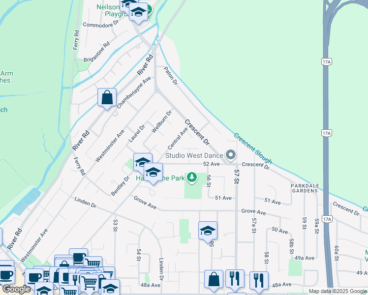 map of restaurants, bars, coffee shops, grocery stores, and more near 5213 Walnut Place in Delta