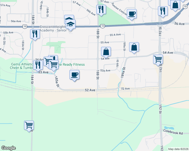 map of restaurants, bars, coffee shops, grocery stores, and more near 5331 188 Street in Surrey