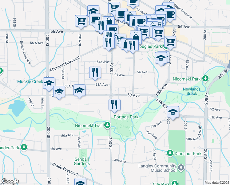 map of restaurants, bars, coffee shops, grocery stores, and more near 20301 53 Avenue in Langley