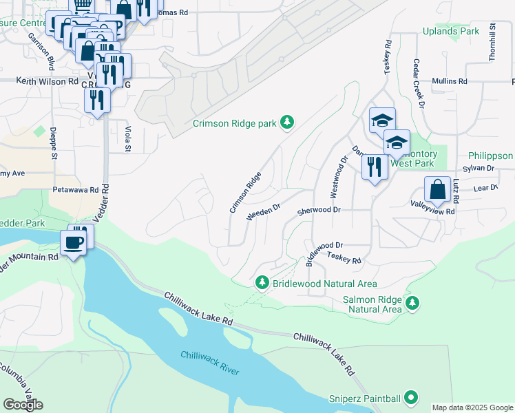 map of restaurants, bars, coffee shops, grocery stores, and more near 46007 Weeden Drive in Chilliwack