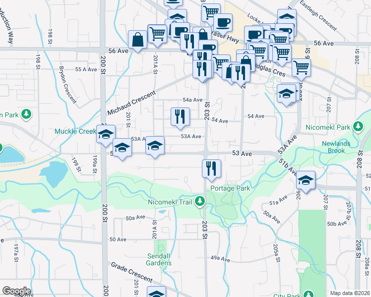 map of restaurants, bars, coffee shops, grocery stores, and more near 20245 53 Avenue in Langley