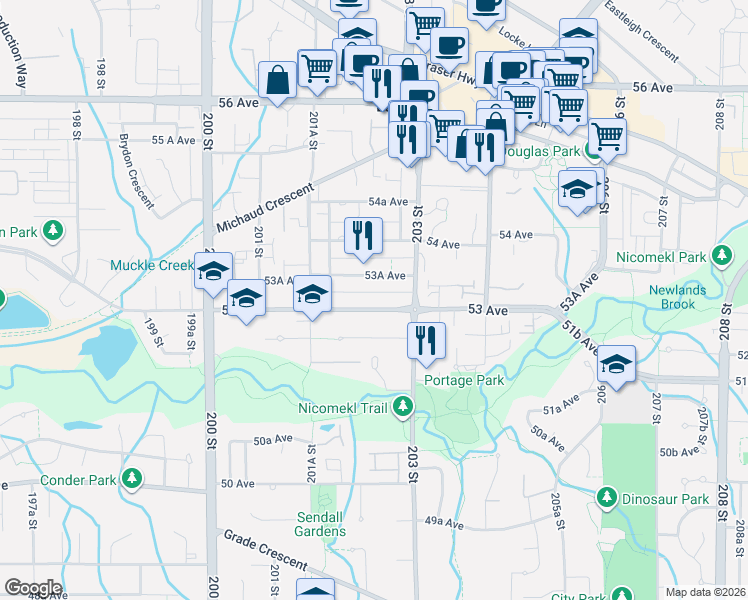 map of restaurants, bars, coffee shops, grocery stores, and more near 20245 53 Avenue in Langley