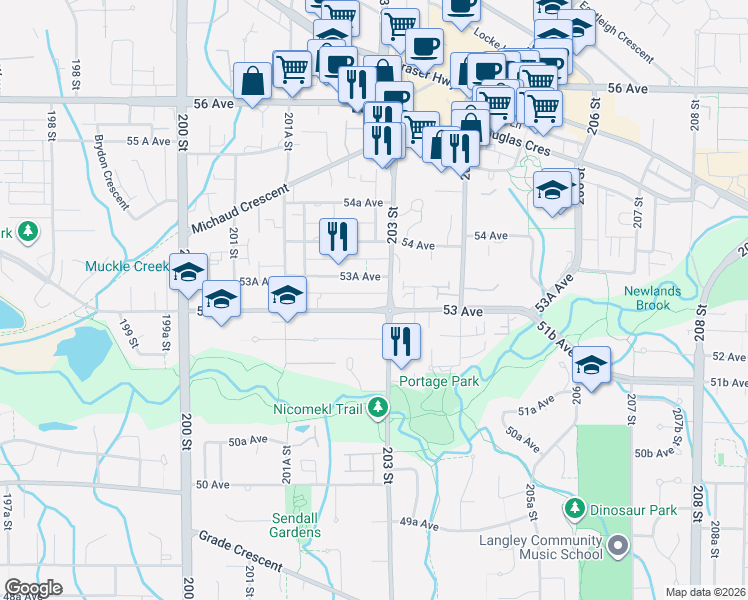 map of restaurants, bars, coffee shops, grocery stores, and more near 20277 53 Avenue in Langley