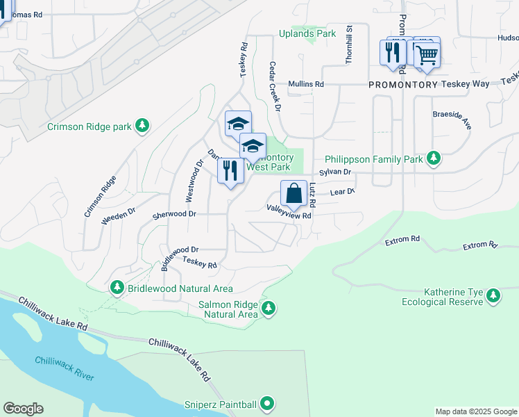 map of restaurants, bars, coffee shops, grocery stores, and more near 46330 Valleyview Road in Chilliwack