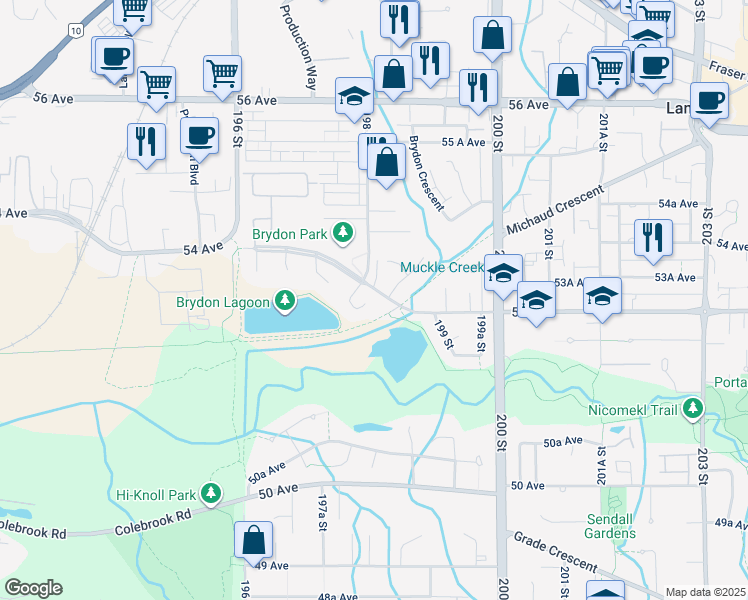map of restaurants, bars, coffee shops, grocery stores, and more near 5258 198 Street in Langley