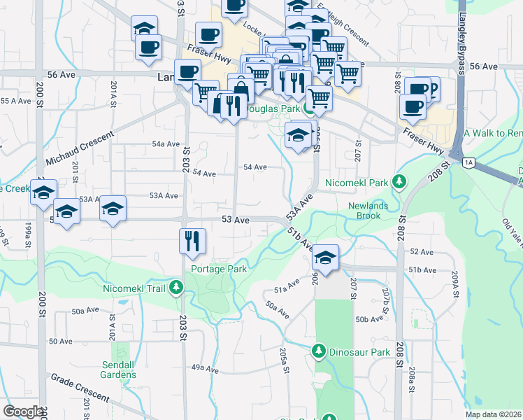map of restaurants, bars, coffee shops, grocery stores, and more near 20443 53 Avenue in Langley