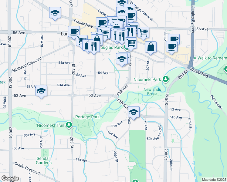 map of restaurants, bars, coffee shops, grocery stores, and more near 5365 205 Street in Langley