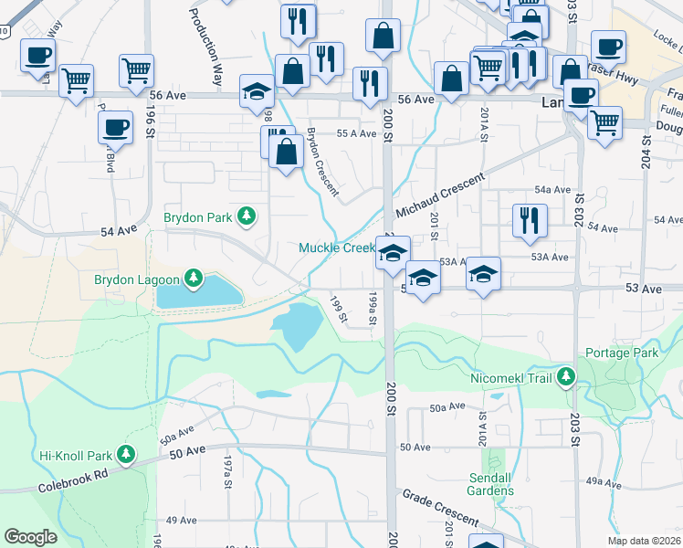 map of restaurants, bars, coffee shops, grocery stores, and more near 5350 199 Street in Langley