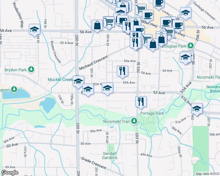 map of restaurants, bars, coffee shops, grocery stores, and more near 20175 53 Avenue in Langley
