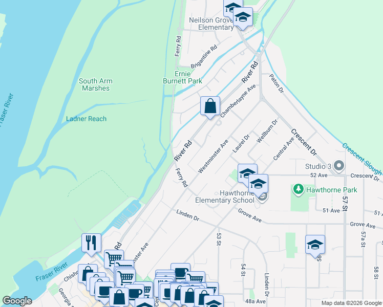 map of restaurants, bars, coffee shops, grocery stores, and more near 5251 Chamberlayne Avenue in Delta