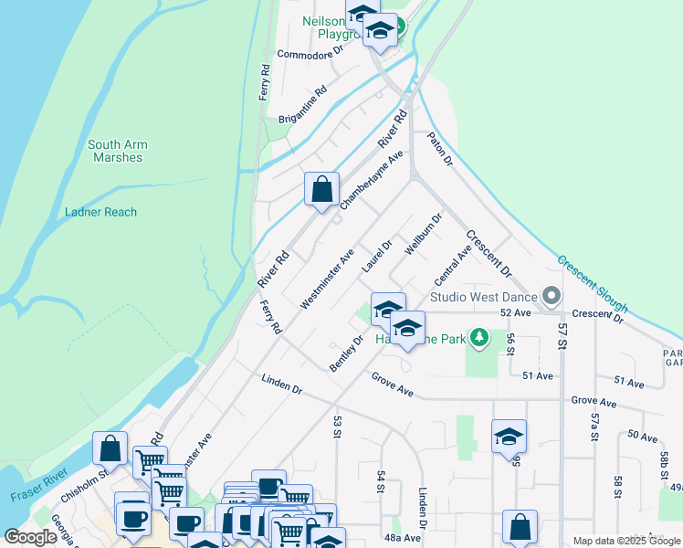 map of restaurants, bars, coffee shops, grocery stores, and more near 5278 Westminster Avenue in Delta
