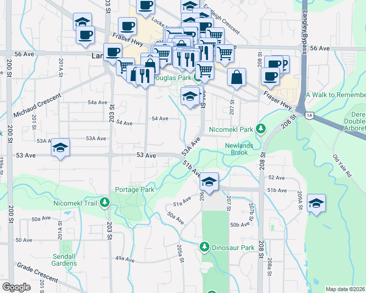 map of restaurants, bars, coffee shops, grocery stores, and more near 5560 205 Street in Langley