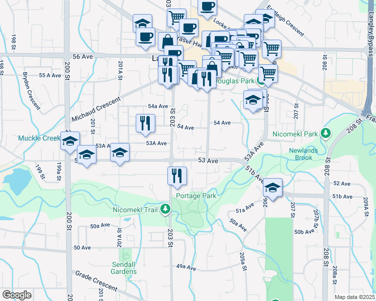 map of restaurants, bars, coffee shops, grocery stores, and more near 5305 204 Street in Langley
