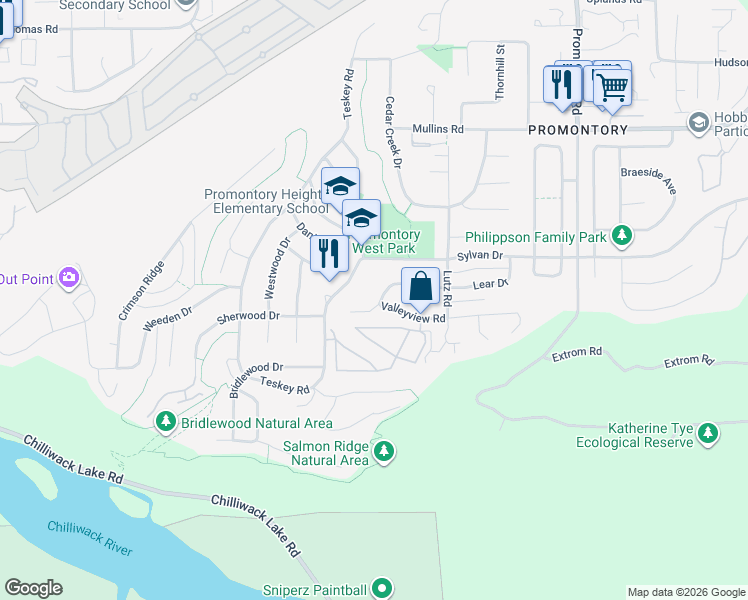 map of restaurants, bars, coffee shops, grocery stores, and more near 46318 Valleyview Road in Chilliwack