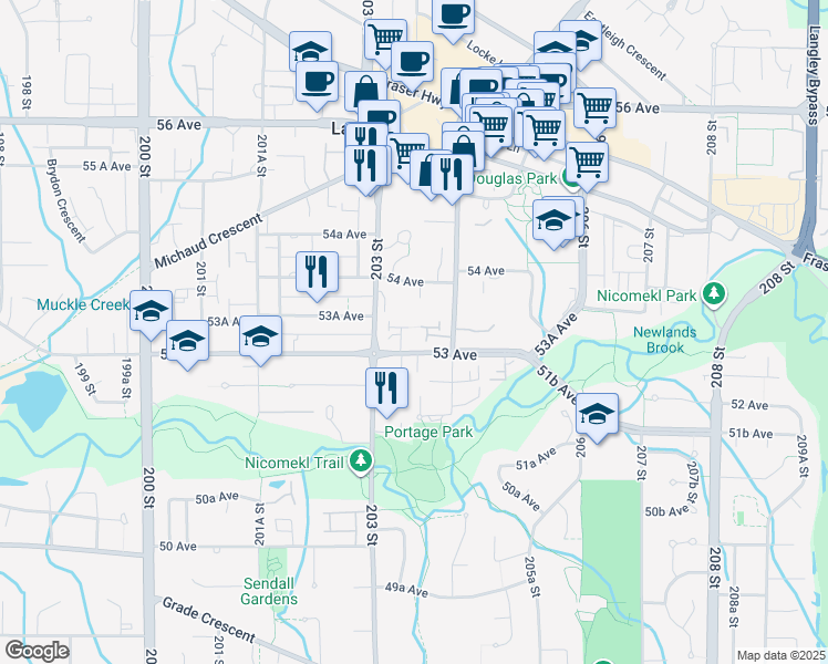 map of restaurants, bars, coffee shops, grocery stores, and more near 20307 53 Avenue in Langley