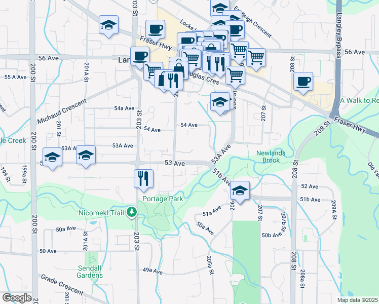 map of restaurants, bars, coffee shops, grocery stores, and more near 20443 53 Avenue in Langley