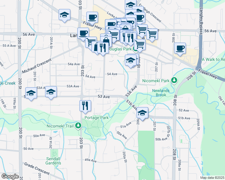 map of restaurants, bars, coffee shops, grocery stores, and more near 20433 53 Avenue in Langley