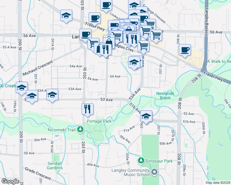 map of restaurants, bars, coffee shops, grocery stores, and more near 20433 53 Avenue in Langley
