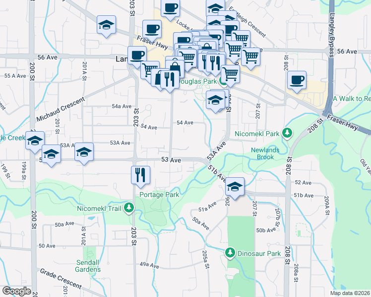 map of restaurants, bars, coffee shops, grocery stores, and more near 20433 53 Avenue in Langley