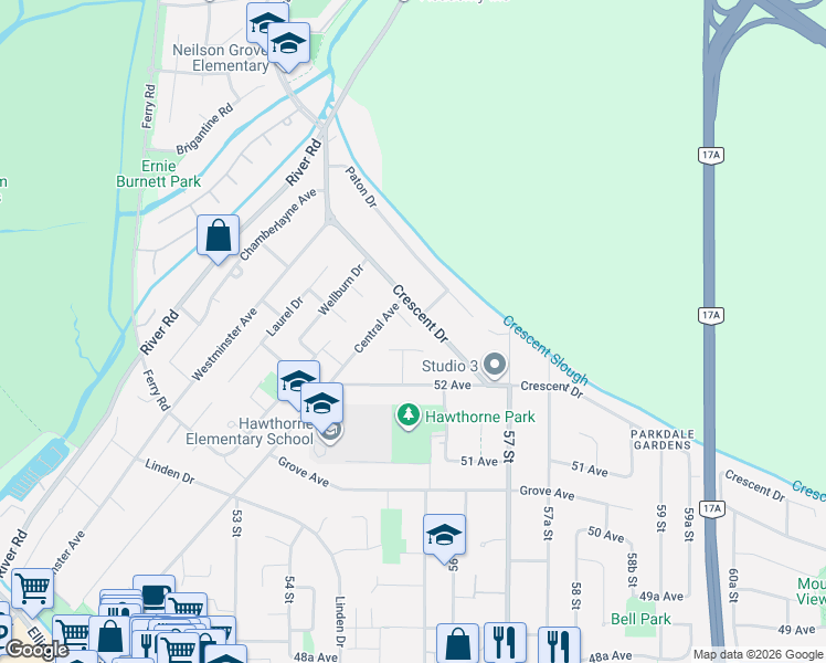 map of restaurants, bars, coffee shops, grocery stores, and more near 5311 Crescent Drive in Delta