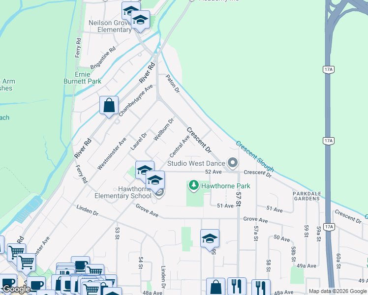 map of restaurants, bars, coffee shops, grocery stores, and more near 5288 Central Avenue in Delta