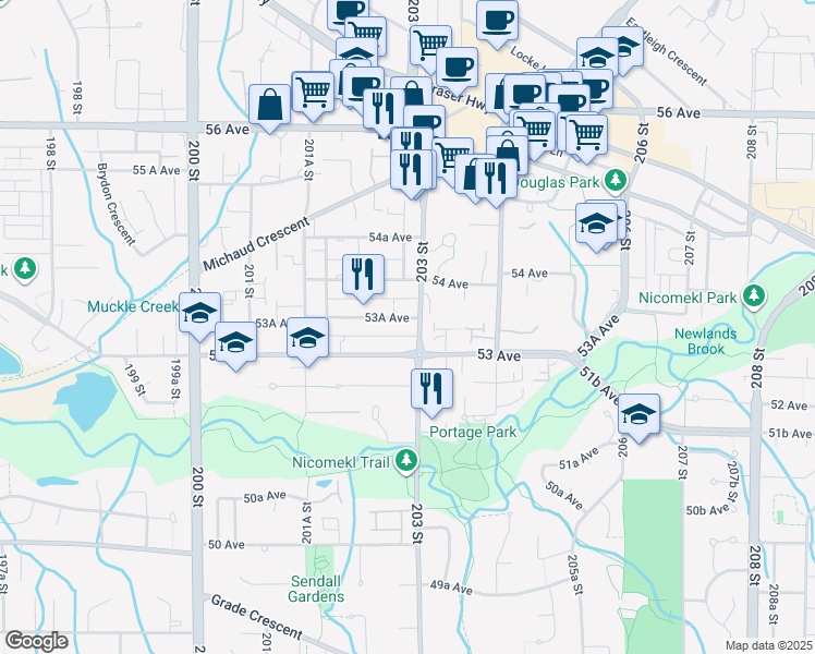 map of restaurants, bars, coffee shops, grocery stores, and more near 20286 53A Avenue in Langley