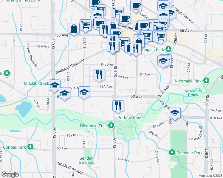 map of restaurants, bars, coffee shops, grocery stores, and more near 20286 53A Avenue in Langley