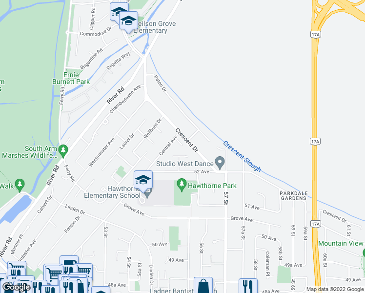 map of restaurants, bars, coffee shops, grocery stores, and more near 5306 Pleasant Way in Delta