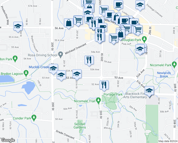 map of restaurants, bars, coffee shops, grocery stores, and more near in Langley