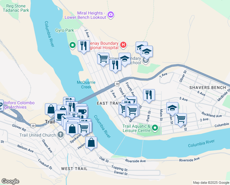 map of restaurants, bars, coffee shops, grocery stores, and more near 1451 2 Avenue in Trail