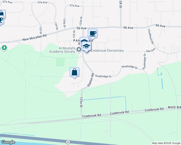 map of restaurants, bars, coffee shops, grocery stores, and more near 5321 Station Road in Surrey