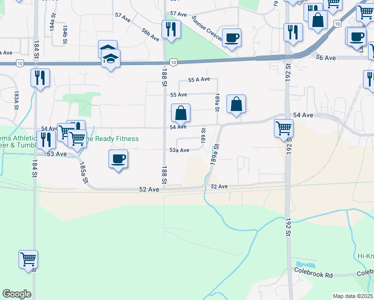 map of restaurants, bars, coffee shops, grocery stores, and more near 18866 53A Avenue in Surrey